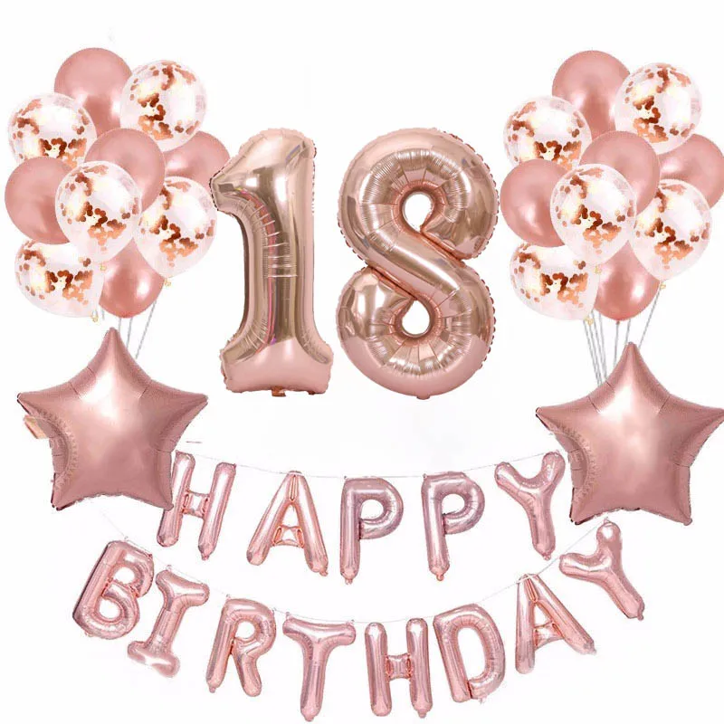 37pcs/lot 18 21 30 50 60th Happy Birthday Balls Rose Gold Star Confetti 40inch Number Foil Balloon Party Decor Supplies | Дом и сад