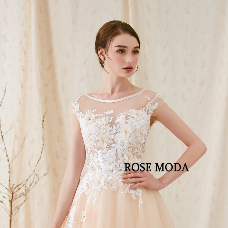 Rose Moda Modern 3D Floral Lace Wedding Dress Low V Back Ivory over Champagne Bridal Gown Custom Make | Свадьбы и торжества