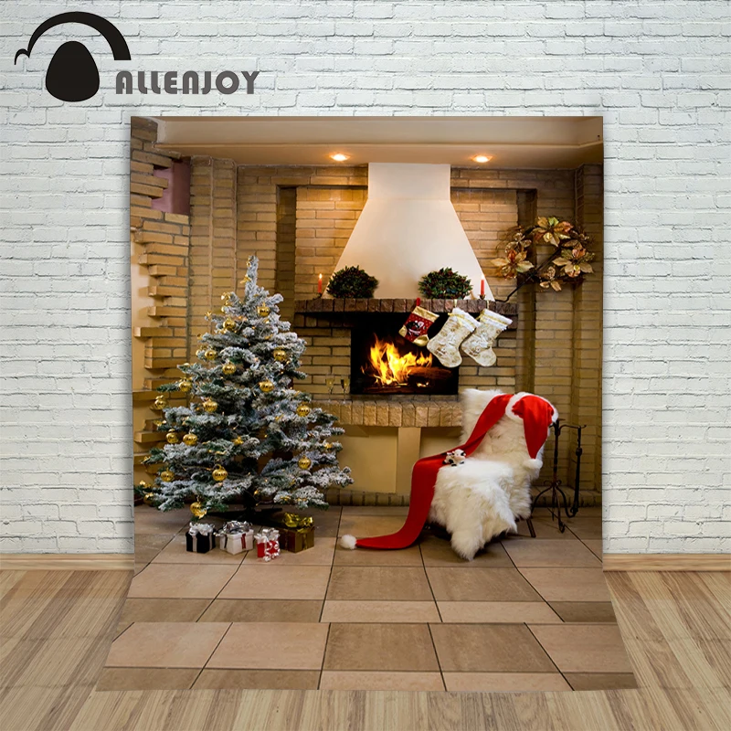 Фон для фотосъемки Allenjoy Рождество Камин дерево стул кирпичная стена фотография |