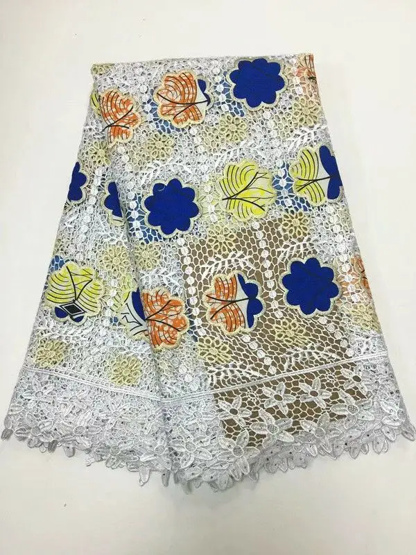 

5 Yards/PC Most popular white african water soluble lace with colorful flower cotton fabric embroidery for dress BW136-1