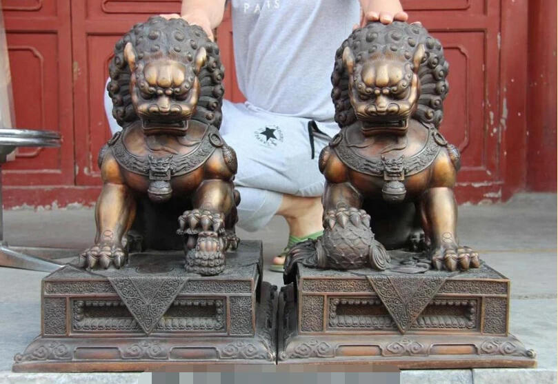 Китай чистая красная бронза медный фэн шуй Пекин Лев Kylin Kilin Fu Foo Dog Pair|dog dog|dog fudog lion |