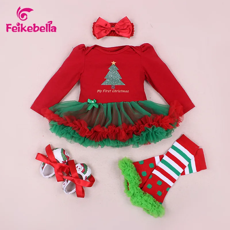 baby girl clothes Xmas Baby Girl Dress 4pcs Infant Clothing Sets Santa Claus Romper Dress/Jumpersuit Christmas Bebes | Мать и ребенок