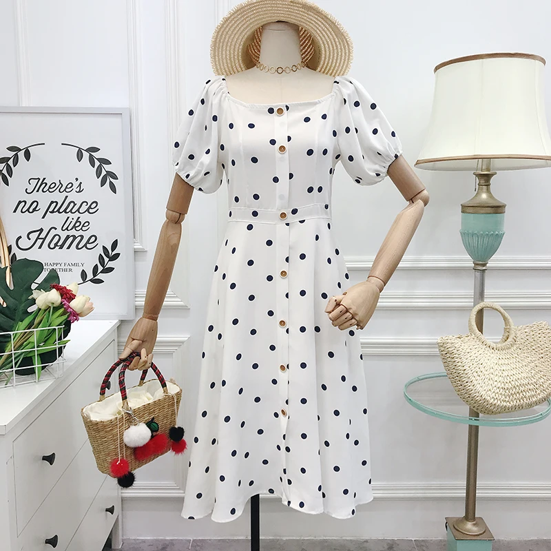 Летнее платье в горошек с u образным вырезом Пляжное приталенное пышными