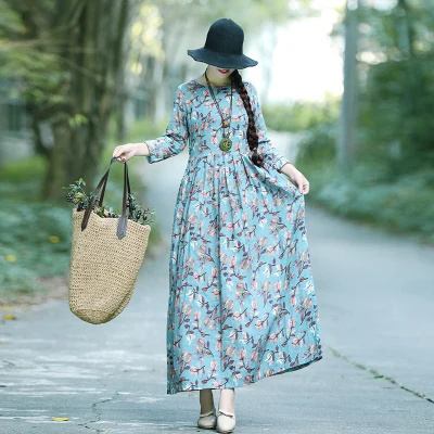 Летние Для женщин из хлопка и льна с цветочным принтом Robe платье на бретелях Этническая Винтаж Мори Девушка Свободные Boho Beach-линии платья Vestidos - Цвет: blue grey D0593
