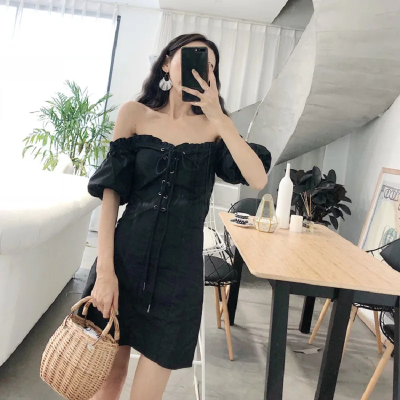 Платье женское летнее с открытыми плечами и пышными рукавами|Женские платья| |