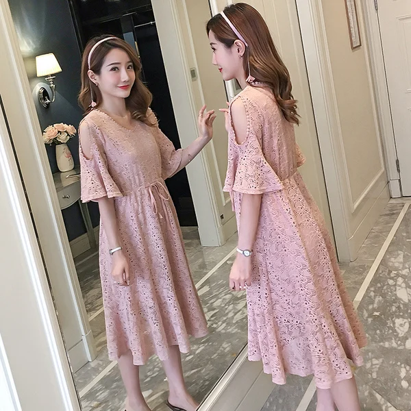 6938 # милое Розовое Кружевное длинное платье для беременных 2019 летнее корейское
