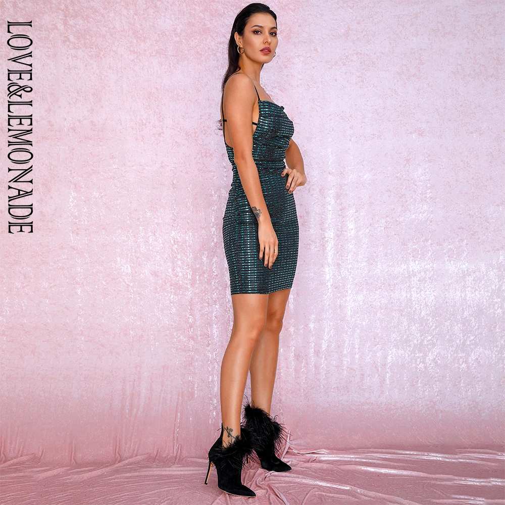 LOVE &amp LEMONADE/сексуальное зеленое платье с вырезом на спине. Эластичные блестящие
