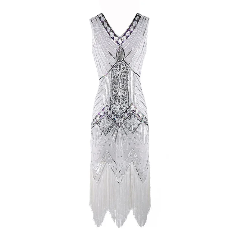 Женское платье для вечеринки, Robe Femme 1920s Great Gatsby, платье миди с блестками и бахромой, летнее платье, Ретро стиль, женское вечернее платье - Цвет: White