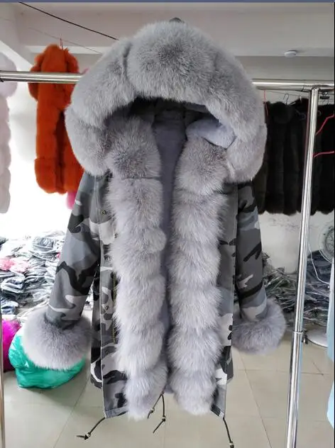11 long fox fur Меховая женская зимняя теплая большая парка из натурального Лисьего меха с воротником из натурального меха с теплой толстой меховой подкладкой Камуфляжная парка куртка - Цвет: 11 long fox fur