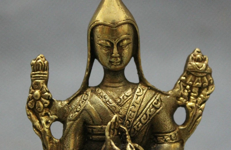 Тибетский буддизм Чистая латунь защита Lotus Tsongkhapa Будда Joss статуя сиденья | Дом и