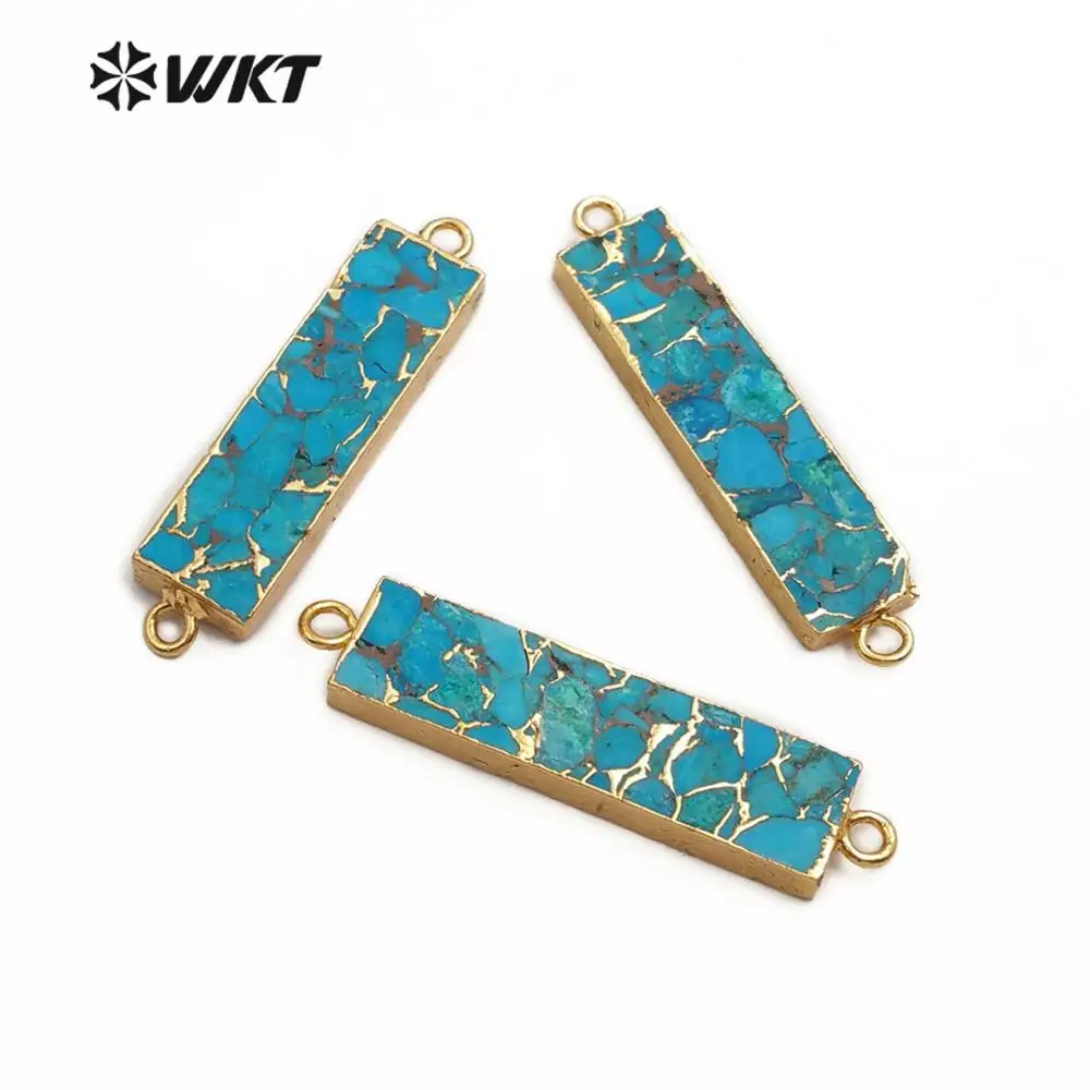 WT-C283 WKT Золотой Гальванизированный прямоугольник синяя венка Turquoises Двойной Прямоугольный коннектор кулон для изготовления ювелирных изделий