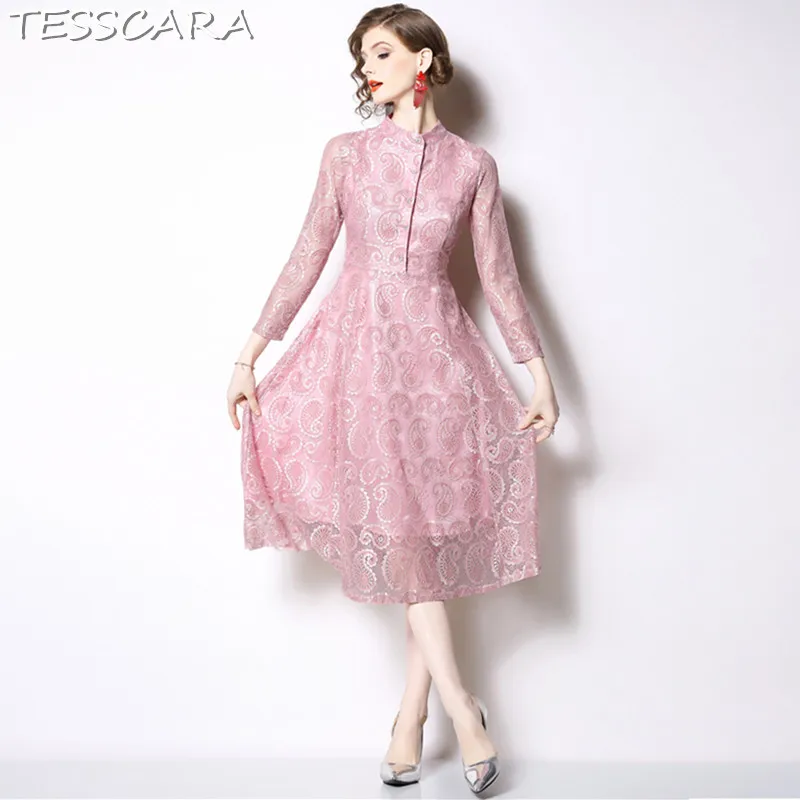 Женское элегантное розовое кружевное платье TESSCARA Длинная женская винтажная