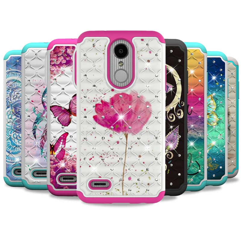 Case for LG Aristo 2 Bling Diamond Patterned Dual Layer PC Silicone Hybrid Capa Cover Plus Accessories |