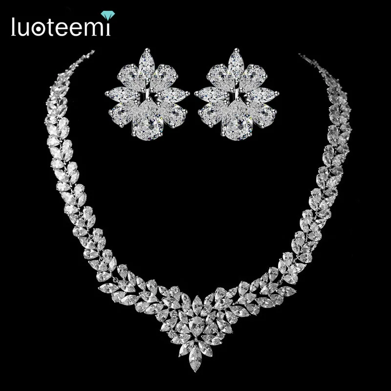 

LUOTEEMI New Luxurious Delicate Big Jewelry White Gold-Color Cubic Zirconia Water Drop Necklace for Bridal Wedding Accessories