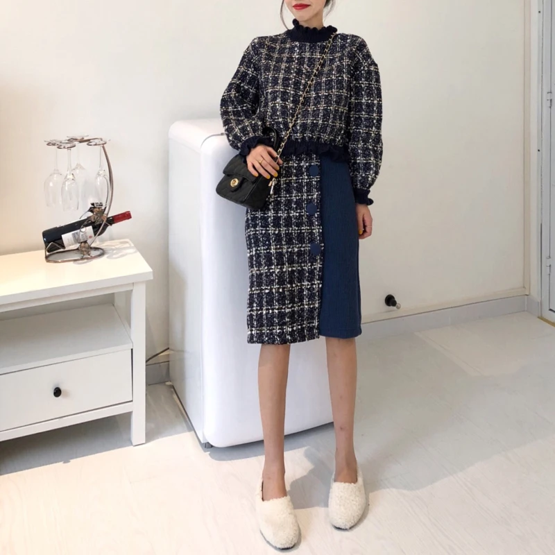 Женская твидовая мини-юбка с пуговицами на молнии синий и хаки комплект из 2