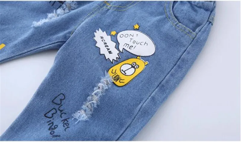 BibiCola spring autumn boys denim pants cartoon broken hole long jeans fashion pencil children brand sport trousers | Мать и ребенок