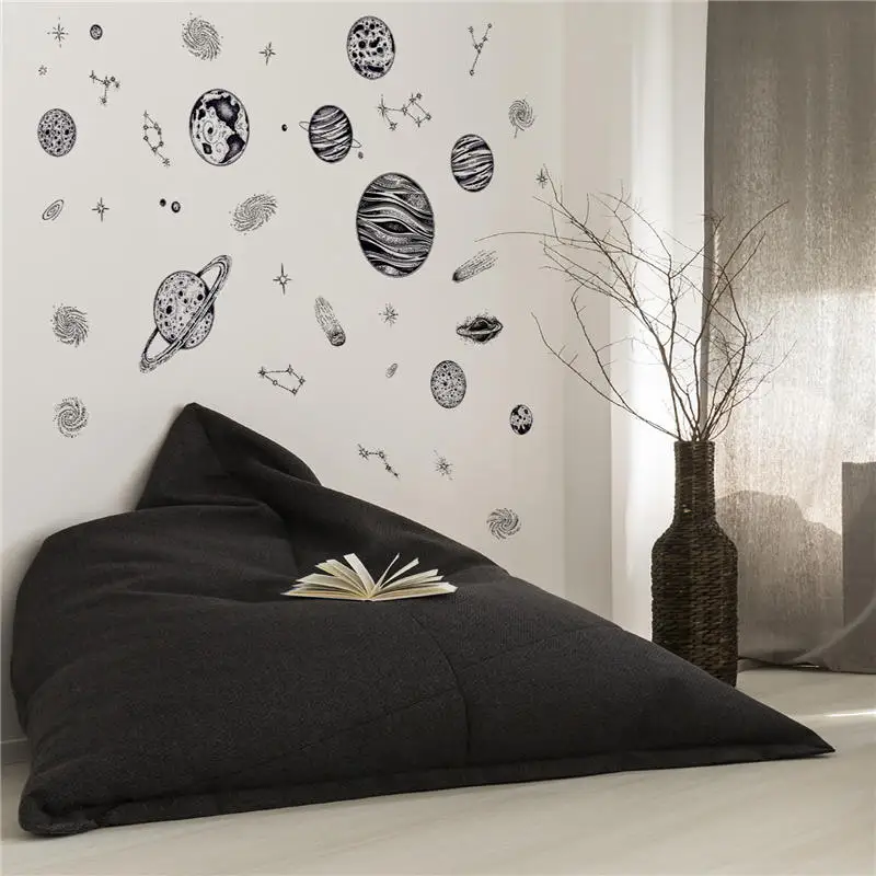 Cartoon Black Sketch Space Planet Wall Sticker Removable Self-adhesive Wallpaper Mural Decal Stars Kids Room Bedroom Decoration | Дом и сад