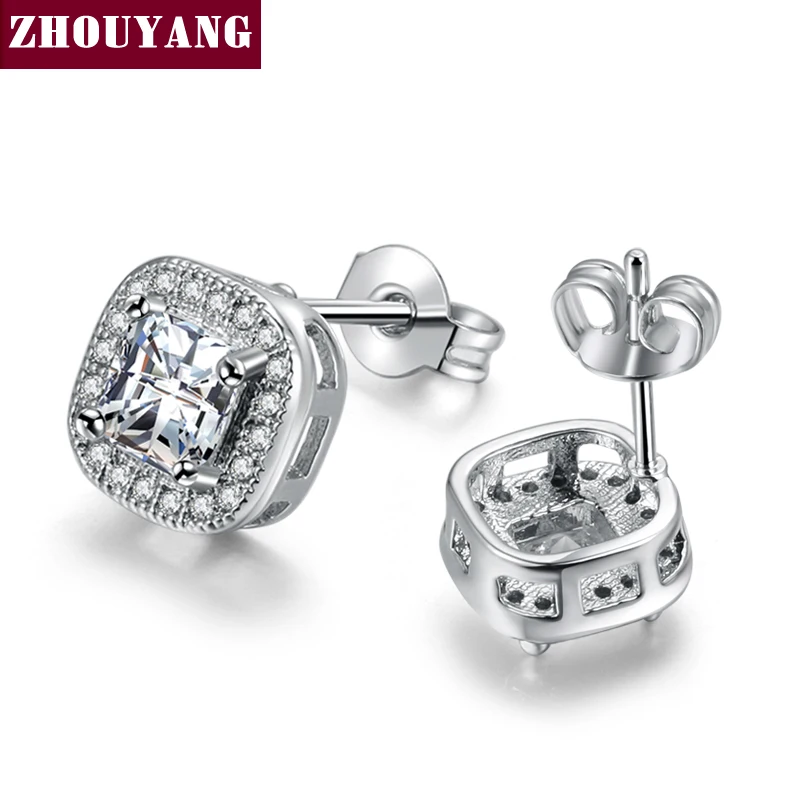 Женские серьги гвоздики серебристого цвета с квадратным фианитом|earrings barbell|earring