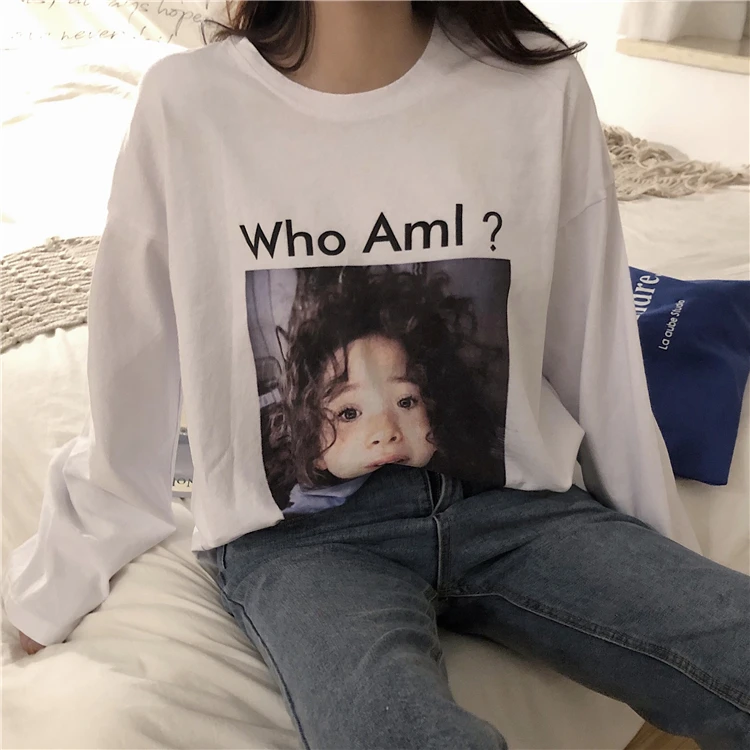 Женская винтажная Туника Ulzzang Harajuku осенняя свободная футболка с длинным рукавом