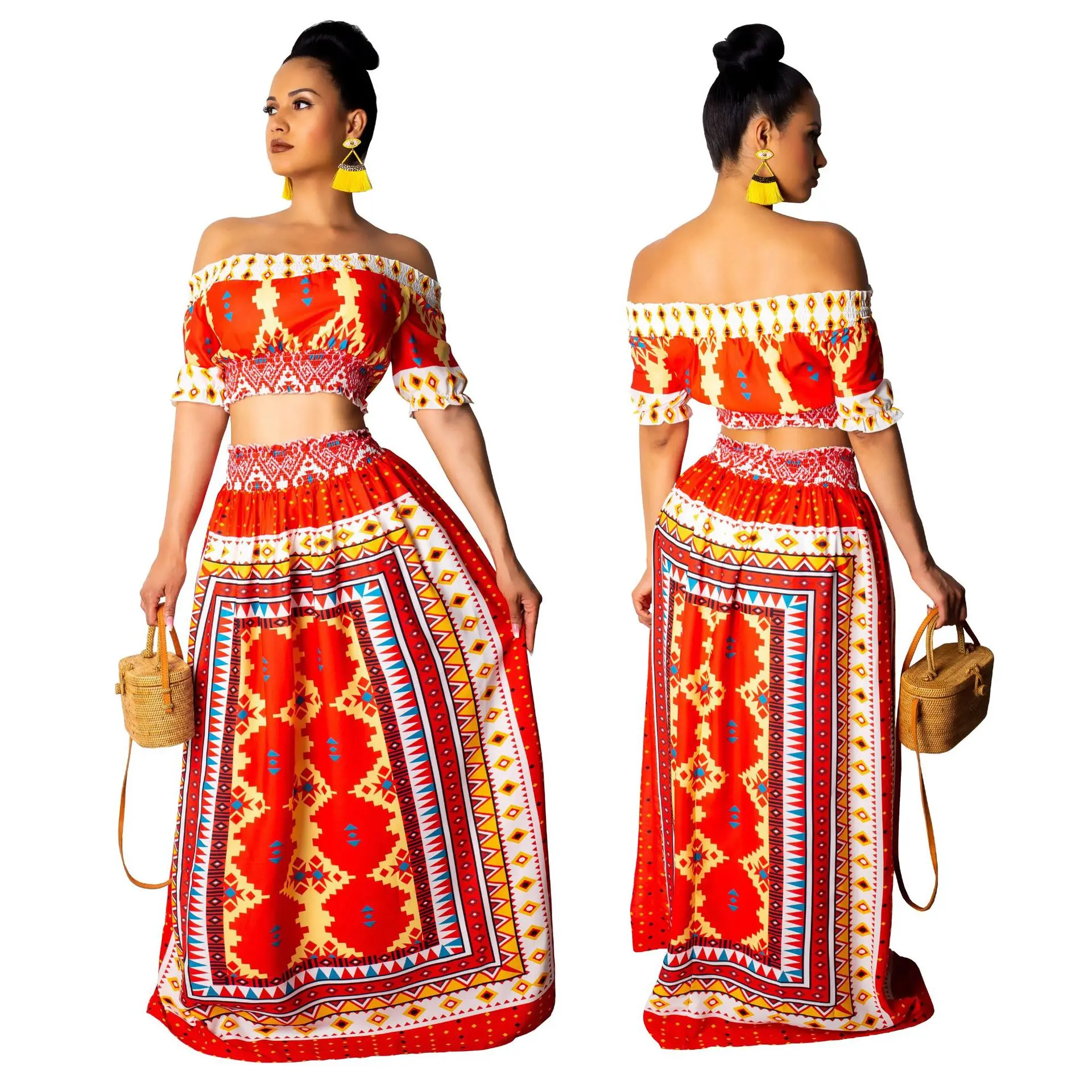 Африканский женский набор из двух предметов: геометрический короткий рукав с открытыми плечами в стиле бохо и юбка макси до пола.