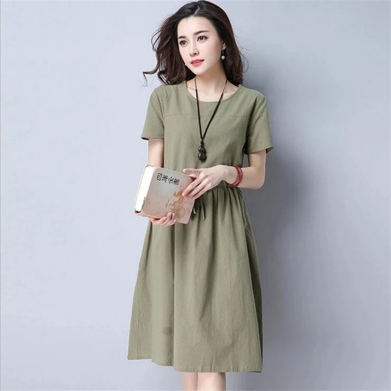 2017 повседневные однотонные льняной сарафан Laides Одежда с круглым вырезом женские