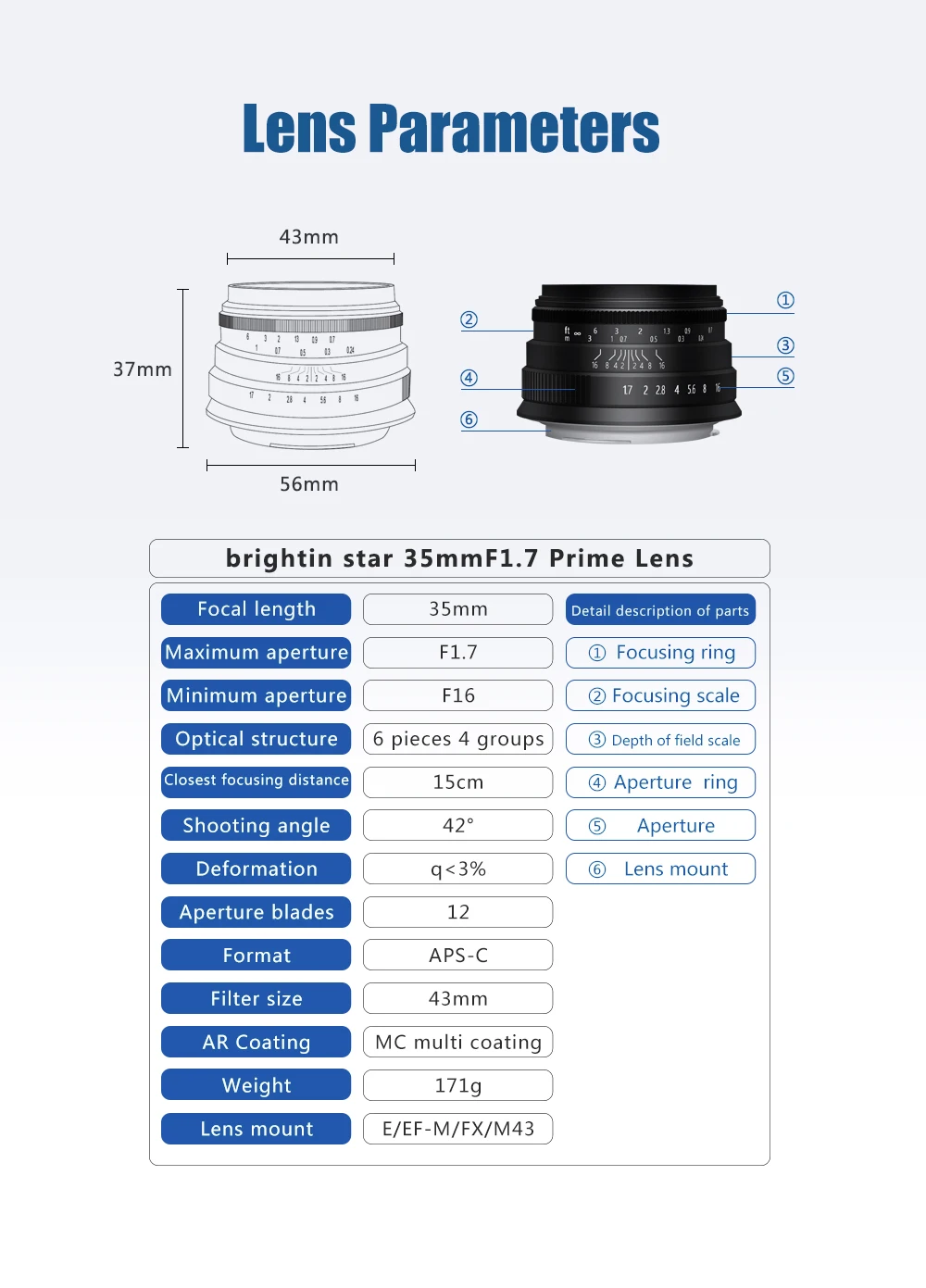 Brightin Star 35 мм F1.7 объектив с большой диафрагмой для Canon EOS-M крепление для Sony для FUJI для камеры Panasonic Micro 4/3