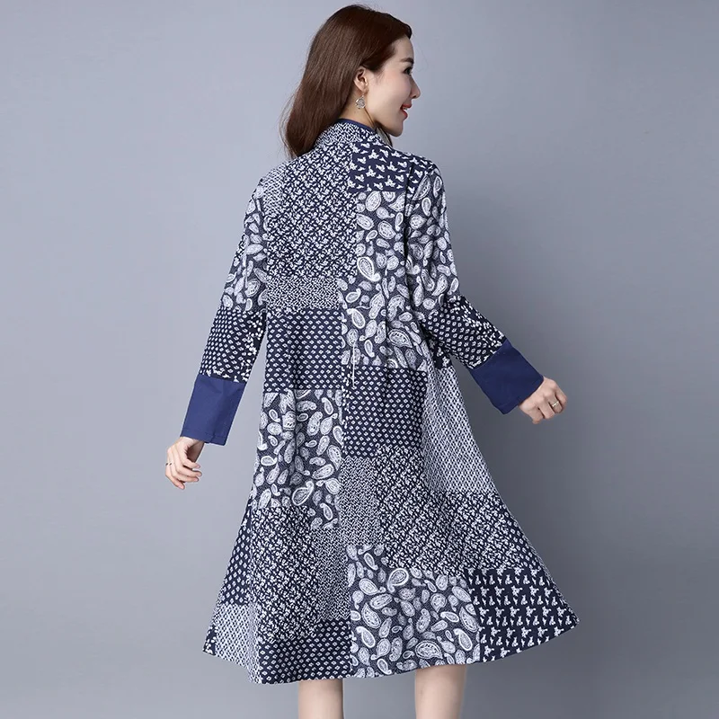 Женское платье из хлопка и льна NYFS длинное белое синее с фарфоровым узором осень