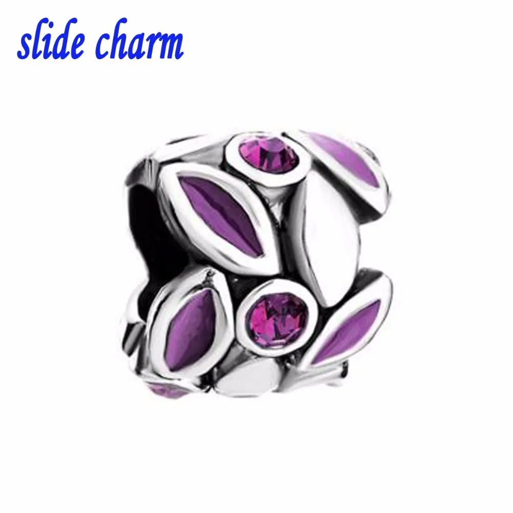 

slide charm Free shipping Valentine's Day gift Purple enamel amulet round with purple crystal charm beads fit Pandora bracelet