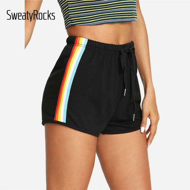 SweatyRocks с полосками по бокам со шнурком шорты Лето штаны с эластичной резинкой на талии шорты для спорта и отдыха женский, черный середины талии спортивные шорты