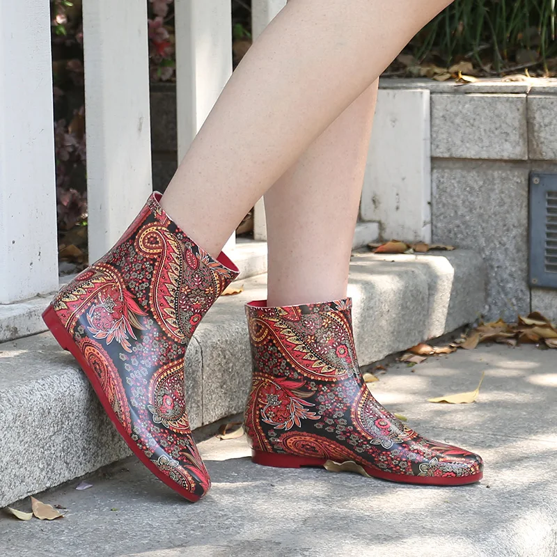 2017 лето цветочный Печати женщины дождь сапоги женские моды гольфы скольжению