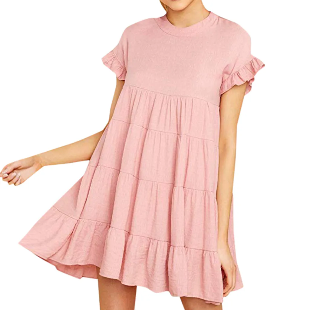 Розовый Women Summer Ruffle Sleeve Dress Casual Boho Solid Plain Short Sleeve A-Line Dress Female Loose Swing Party Mini Dress Vestidos - Цвет: Розовый
