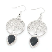 fyjs unique silver plated tree of life water drop earrings black agates temperament jewelry
