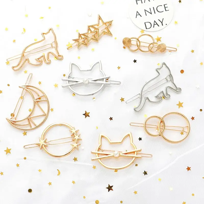 

Women Girls Metal Alloy Hairgrip Barrette Hollow Geometric Cat Moon Circle Shape Hair Clip Faux Pearl Decor Barrettes Holder Gli