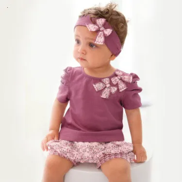 

China Clothing Factories Girl Summer Clothing Set Purple Girls Kerst Baby Tops+short+headband Purple 3pcs
