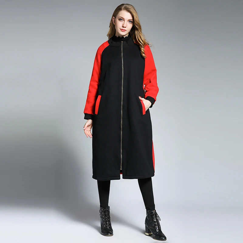 2017 winter new loose Large size ladies' Add velvet thickened hoodie Impact color Warm coat zipper | Женская одежда