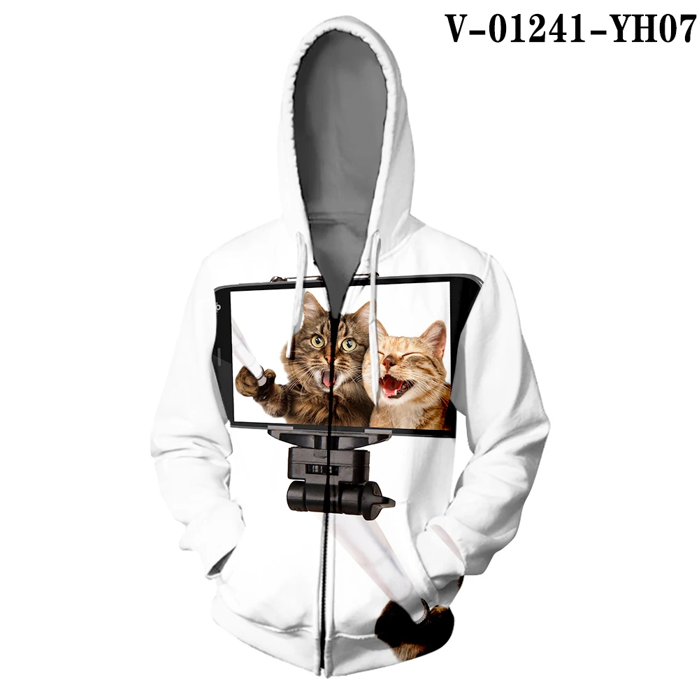 Толстовка на молнии с капюшоном WAMNI Kawaii Cat в стиле хип-хоп с цветным принтом, Женская толстовка с 3D капюшоном в стиле Харадзюку, зимняя теплая толстовка на молнии - Цвет: V01241