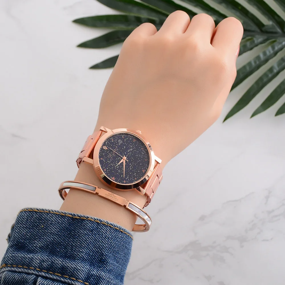 Модные часы с розовым золотом женские креативные наручные звездным небом
