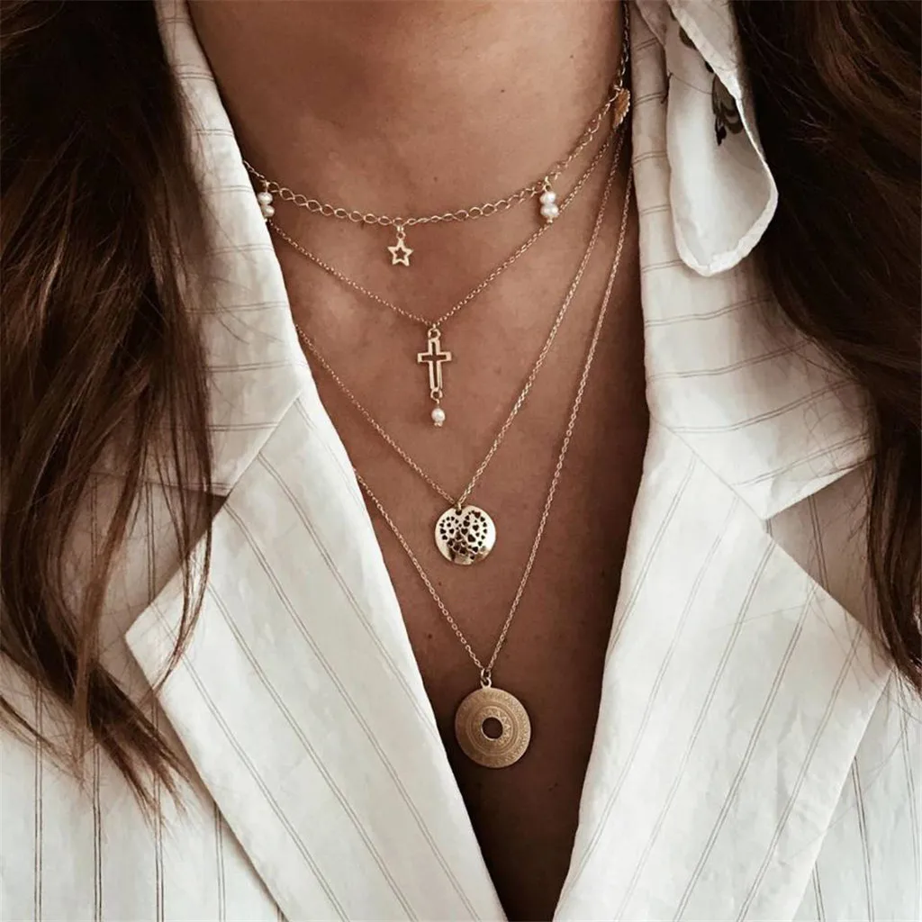

Vintage Carved Coin Necklace For Women Beach Bohemian Sea Shell Pendant Multiple Gift Layers Chain Choker Long Necklace Jewelry