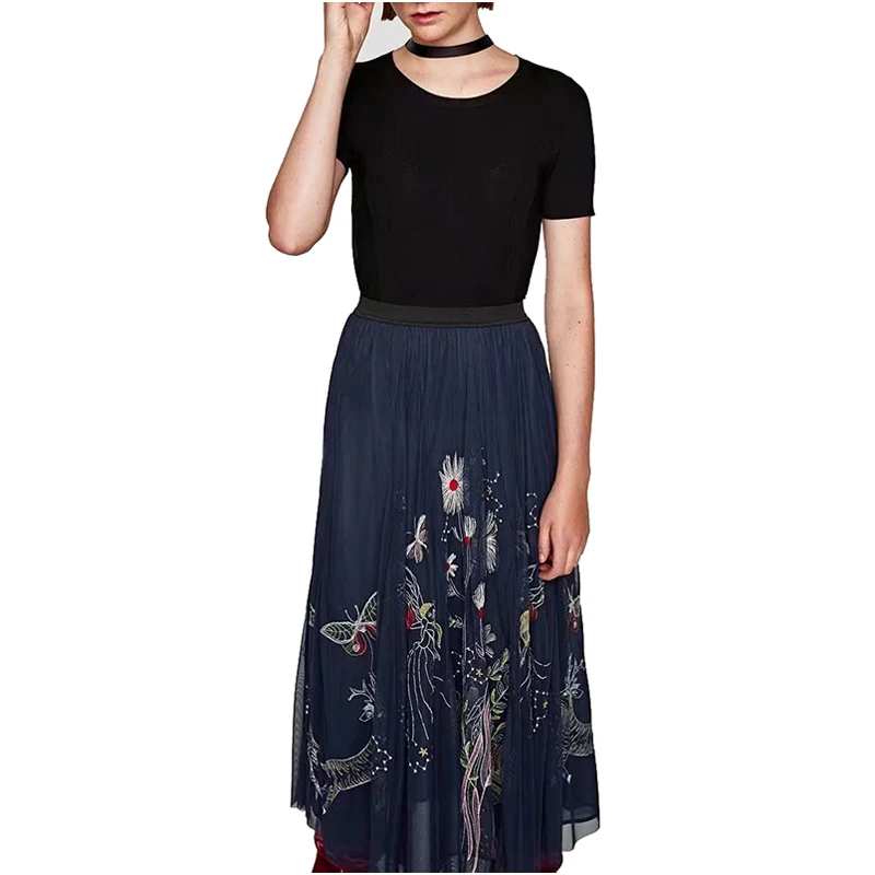 NYMPH Women Vintage Skirts 2017 Summer Boho Elegant High Waisted Floral Embroidered Mesh Overlay Midi A Line Plus Size | Женская одежда
