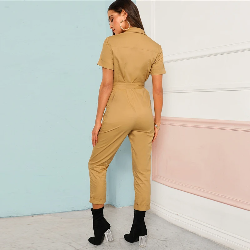 Sheinside хаки с косыми карманами комбинезон Для женщин летние шорты с длинными рукавами комбинезоны с поясом Дамы с однотонными пуговицами деталь комбинезон