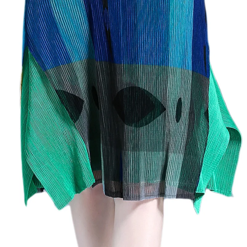 Printed Dress Women 2019 New Year European Station Miyake Fold Color Combination Long Skirt Pressure Women's Wear | Женская одежда