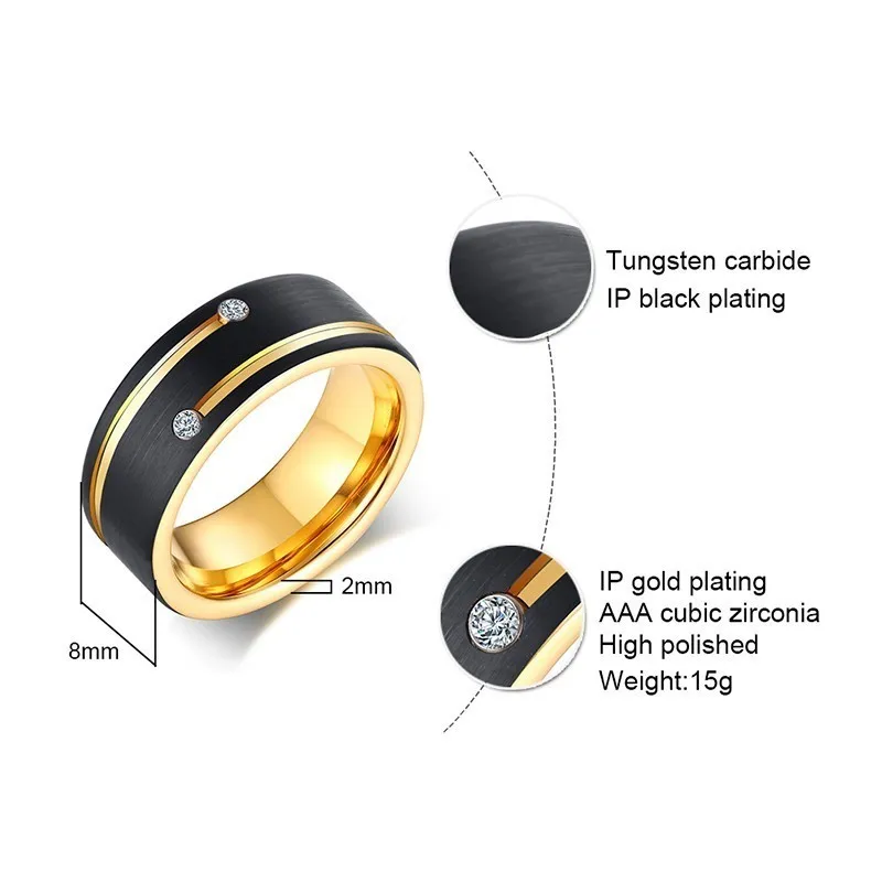 Vnox Free Custom Name Ring for Men Black Tungsten Carbide Wedding Band with Gold Tone Lines AAA CZ Stones Gent Anel