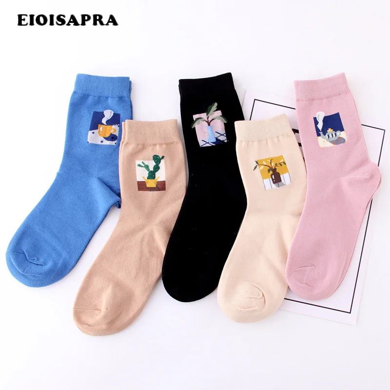 

[EIOISAPRA]Cute Jacquard/Plants Pattern Art Socks Women Cartoon Cactus Meias Funny Socks Kawaii Sokken Calcetines Mujer