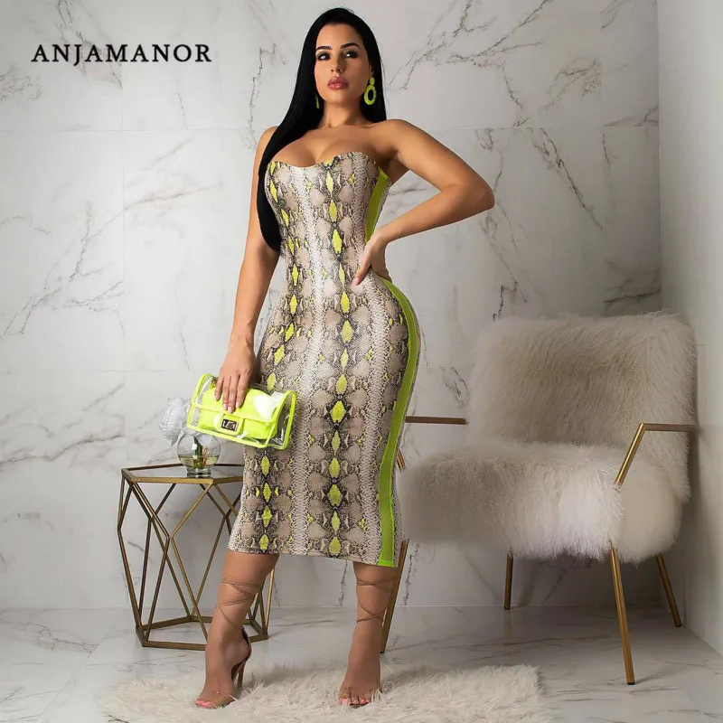 ANJAMANOR Neon Yellow Mesh Snake Print Strapless Bodycon Dress Sexy Dresses Woman Party Night Club Summer Wear 2019 D91 AC80|Женские
