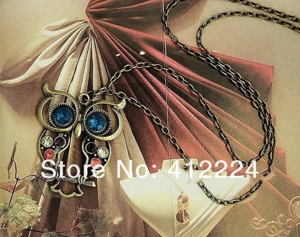 Free Shipping+Wholesale vintage hollw colorful crystal rhinestone owl pendant sweater necklace 500pcs/lot | Украшения и