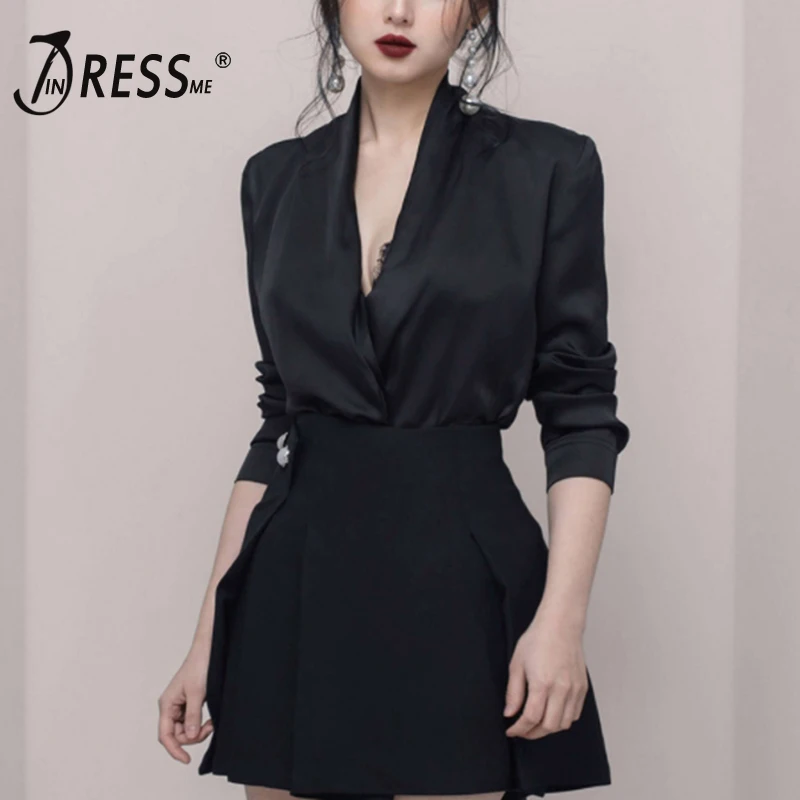 INDRESSME 2018 новые женские черные платья с V образным вырезом длинным рукавом Мини