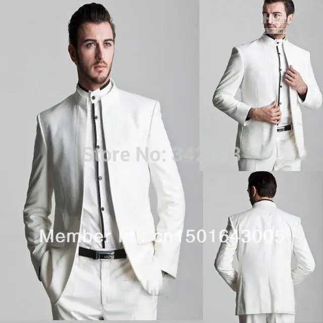 

Free shipping/New Style White Groom Tuxedos Mandarin Lapel Groomsmen Men Wedding groom wear Suit/custom suit/best man suits