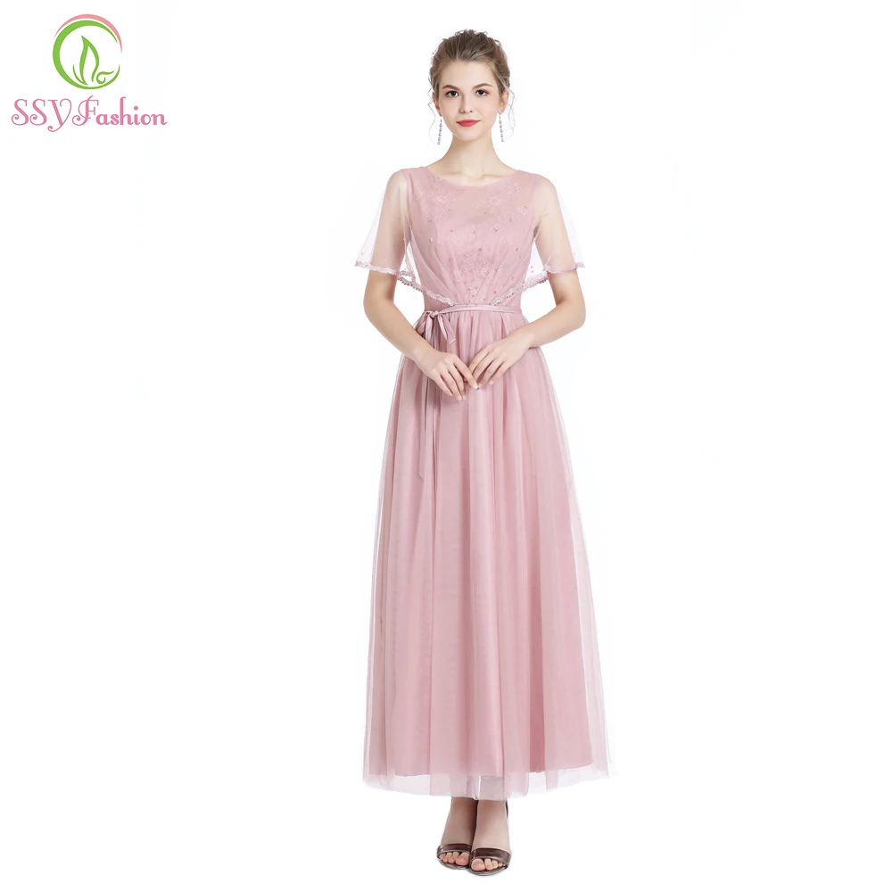 Платье подружки невесты розовое мягкое Тюлевое с бусинами длиной до щиколотки