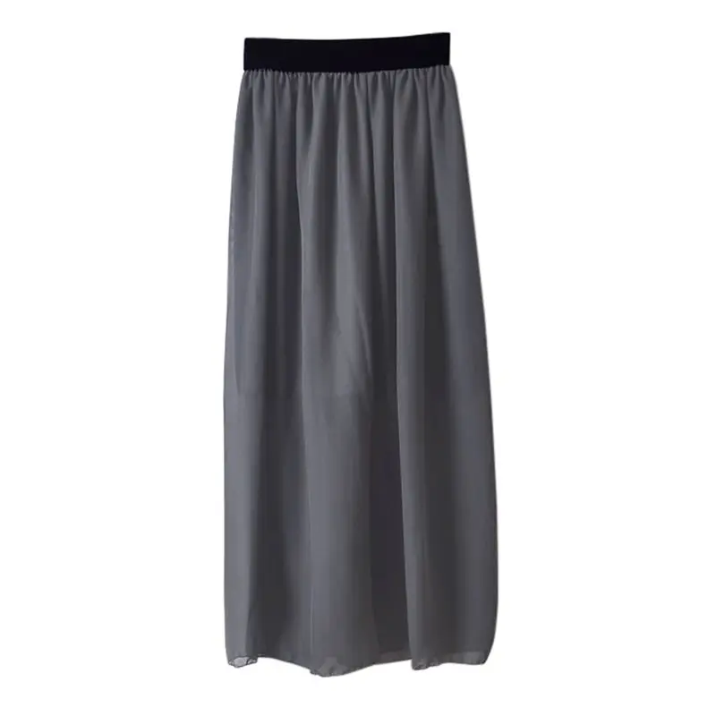 

2019 Women Summer Elastic Waist Long Skirt Fashion Solid Double Layer Chiffon Pleated Skirts Lady High Waist Female Skirt