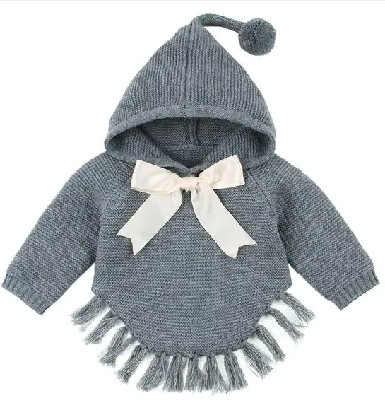 82W413 Gray Новинка; Детский свитер для девочек; Детский кардиган с кисточками; вязаная одежда для малышей; осенние свитера для маленьких девочек; пуловер с бантом для малышей - Цвет: 82W413 Gray